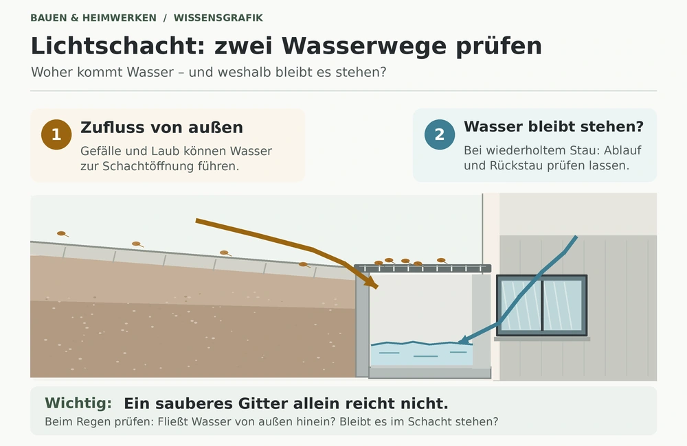 Schematischer Querschnitt eines Kellerlichtschachts mit zwei möglichen Wasserproblemen: Regenwasser fließt über das Gelände hinein oder bleibt im Schacht stehen.