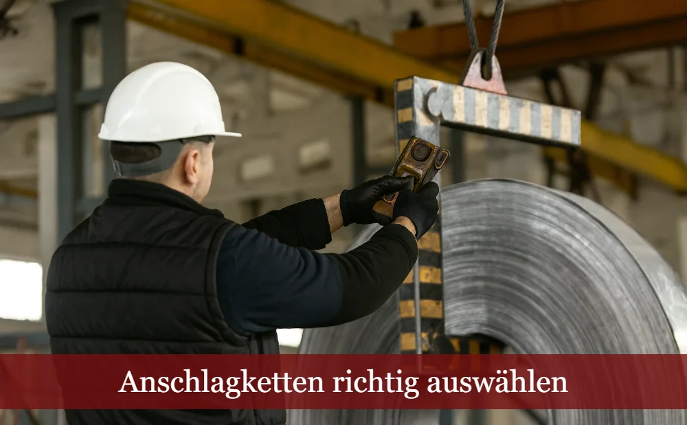 Bauarbeiter beim Bedienen einer Hebevorrichtung. Text: Anschlagketten richtig auswählen