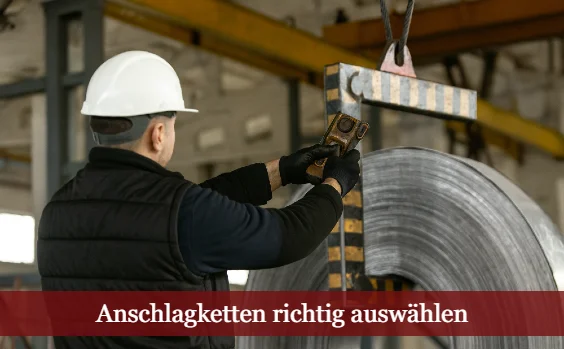 Bauarbeiter beim Bedienen einer Hebevorrichtung. Text: Anschlagketten richtig auswählen