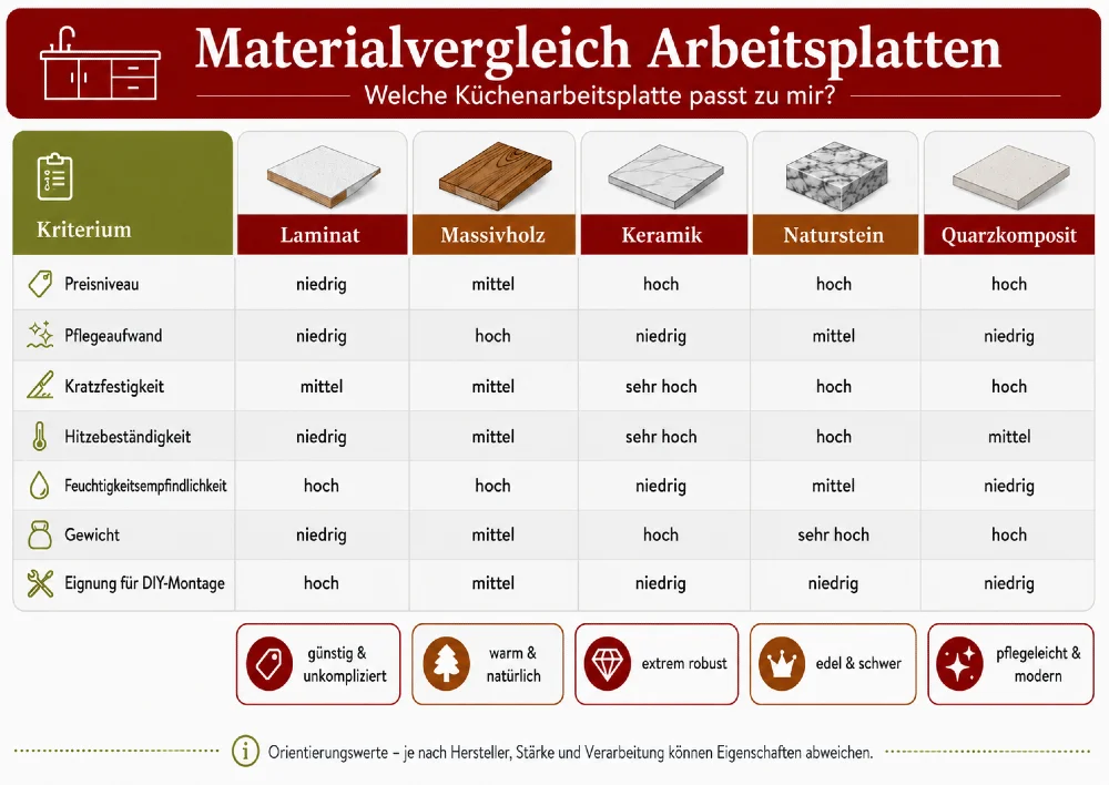 arbeitsplatte materialien vergleich 1000