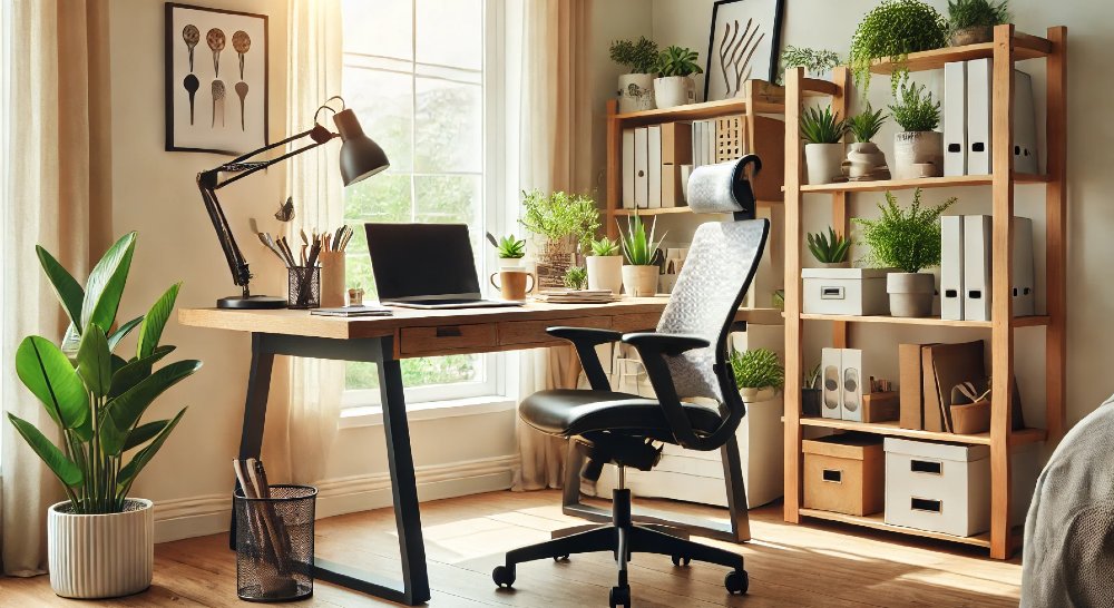 Helles, gemütliches Arbeitszimmer mit viel Grün