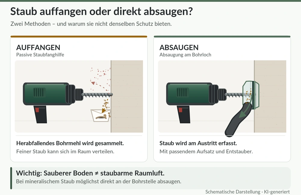 Zwei schematische Darstellungen beim Bohren in eine Wand: Links sammelt eine Papierauffanghilfe herabfallendes Bohrmehl, während Feinstaub in die Luft gelangt. Rechts erfasst ein Absaugaufsatz den Staub direkt am Bohrloch.