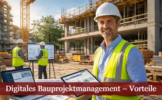 Bauleiter zeigt digitale Bauprojektmanagement-Software auf Baustelle