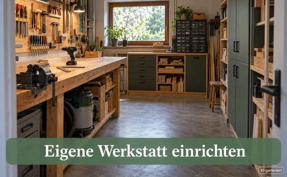 Werkstatt eines Hobbyheimwerkers. Text: Eigene Werkstatt einrichten