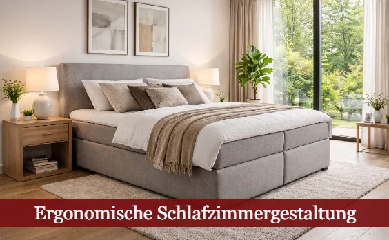 Schlafzimmer mit Boxspringbett. Text: Ergonomische Schlafzimmergestaltung