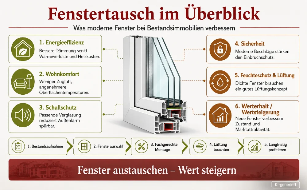 Grafik mit den wichtigsten Punkten: Fenstertausch im Ueberblick