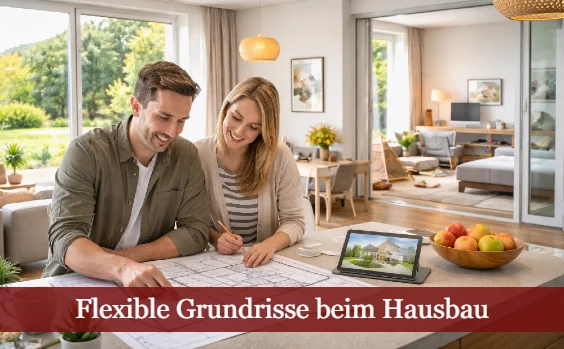 Junges Paar betrachtet einen Grundriss. Text: Flexible Grundrisse beim Hausbau
