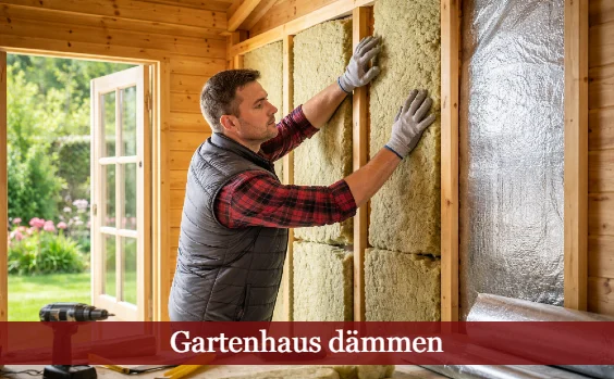 Mann beim Dämmen eines Gartenhauses. Text: Gartenhaus dämmen