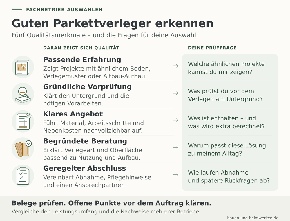 Fünf Qualitätsmerkmale eines guten Parkettverlegers: passende Erfahrung, gründliche Vorprüfung, klares Angebot, begründete Beratung und geregelter Abschluss.