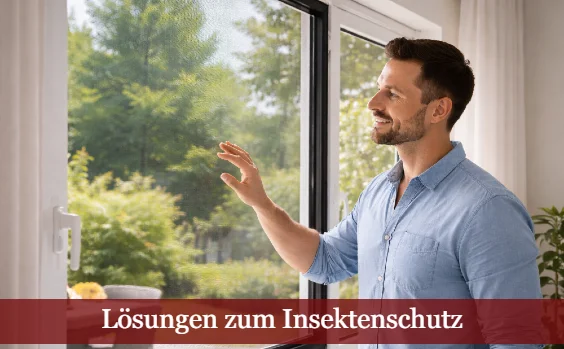 Mann betrachtet Insektengitter am Fenster. Text: Lösungen zum Insektenschutz