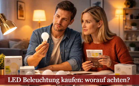 Paar berät sich über LED-Leuchtmitteln. Text: LED Beleuchtung kaufen: Worauf achten? 