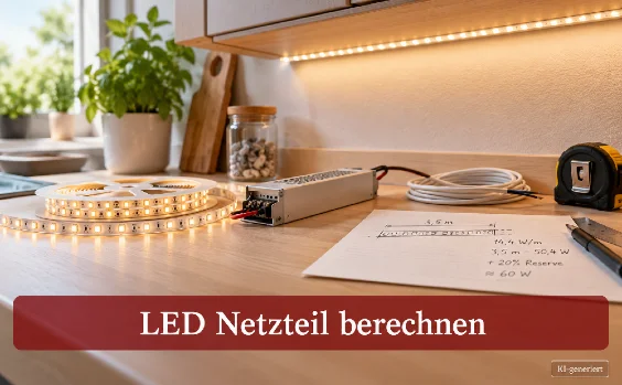 LED-Streifen mit Netzteil. Text: LED-Netzteil berechnen