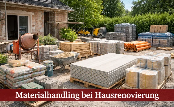 Baumaterialien im Garten. Text: Materialhandling bei Hausrenovierung