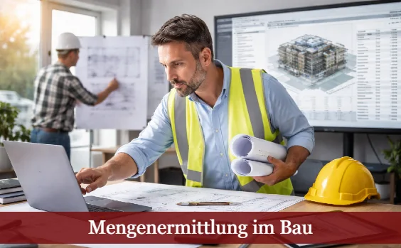 Bauingenieur am Laptop. Text: Mengenermittlung im Bau