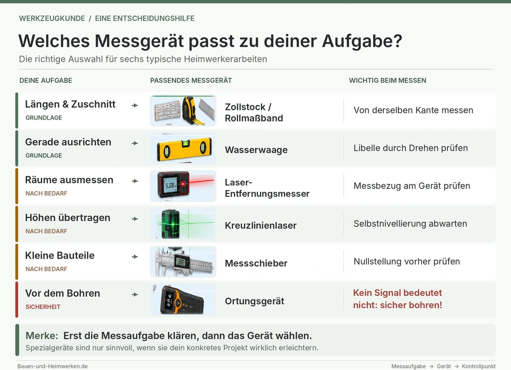 Entscheidungsgrafik für Heimwerker: Zollstock oder Rollmaßband für Längen, Wasserwaage zum Ausrichten, Laser-Entfernungsmesser für Räume, Kreuzlinienlaser zum Übertragen von Höhen, Messschieber für kleine Bauteile und Ortungsgerät vor Bohrarbeiten. Ein fehlendes Ortungssignal garantiert keine sichere Bohrstelle.
