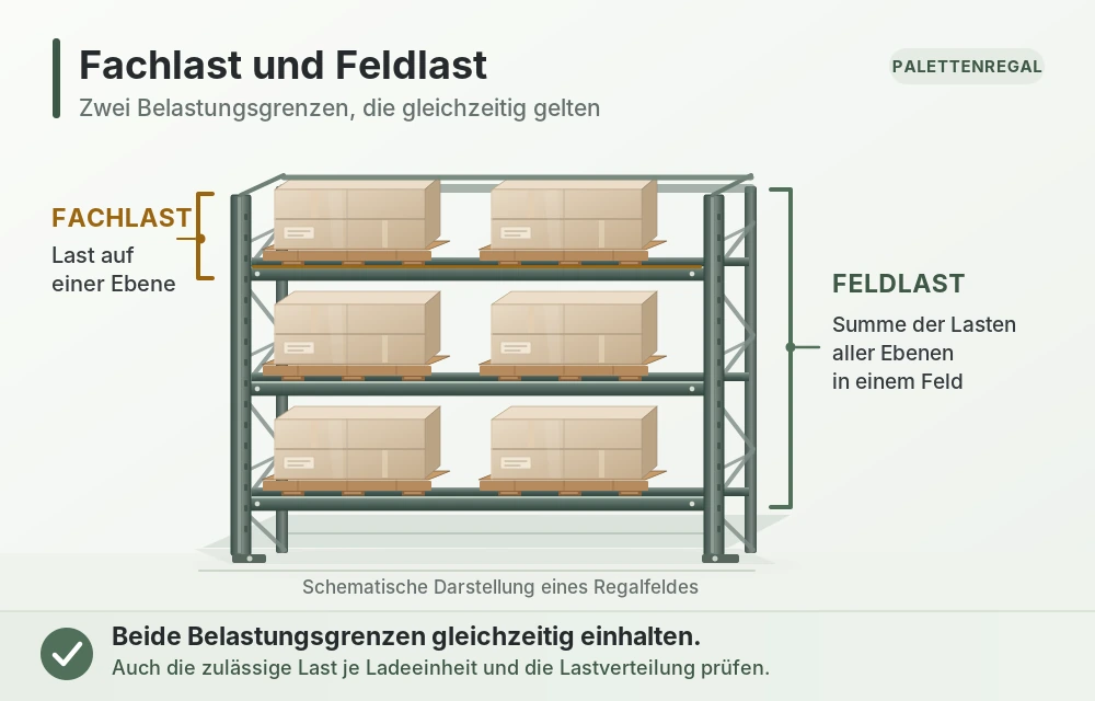 Schematische Darstellung eines Palettenregals mit drei beladenen Lagerebenen. Die Fachlast bezeichnet die Belastung einer einzelnen Ebene, die Feldlast die Gesamtbelastung aller Ebenen eines Regalfeldes.