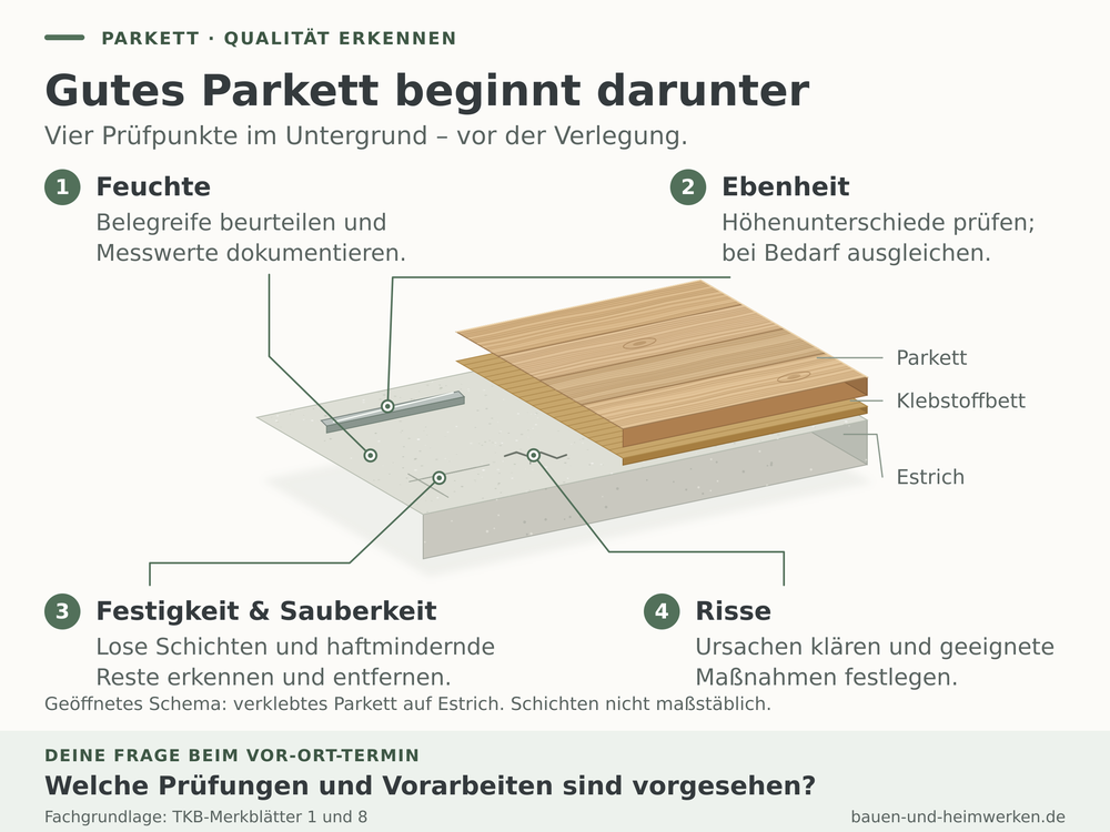 Geöffneter Parkettaufbau mit vier Prüfpunkten im Untergrund: Feuchte, Ebenheit, Festigkeit und Sauberkeit sowie Risse im Estrich.