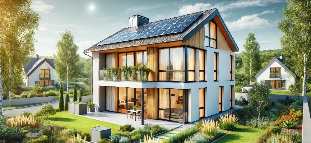 Ein Passivhaus in grünem Umfeld