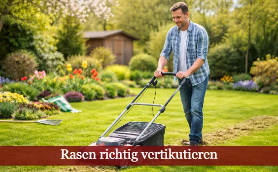 Mann vertikutiert seinen Rasen. Text: Rasen richtig vertikutierenhttps://www.bauen-und-heimwerken.de/garten/rasen/vertikutieren-anleitung.htm