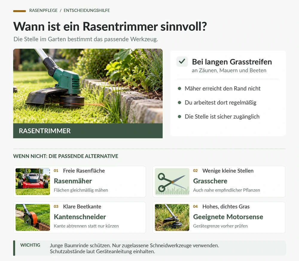 Entscheidungsgrafik: Rasentrimmer für längere Grasstreifen an Zäunen und Beeten, Rasenmäher für offene Flächen, Grasschere für kleine empfindliche Stellen, Kantenschneider für klare Beetkanten und geeignete Motorsense für dichtes Gras.