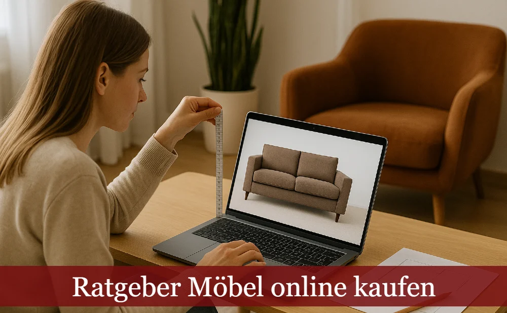 Ratgeber Möbel online kaufen - Frau sitzt vor Laptop und begutachtet ein Sofa
