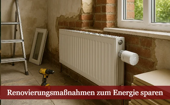 Heizung auf einer Baustelle, Smart-Thermostat, Text: Renovierungsmaßnahmen zum Energie sparen