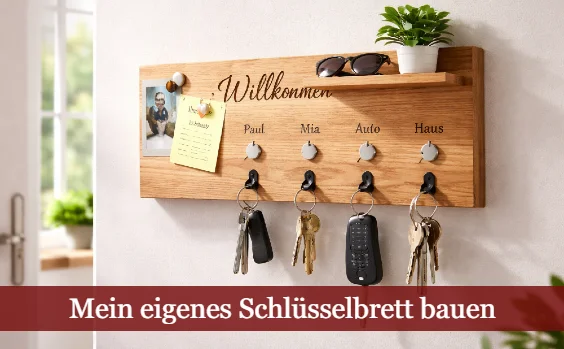 Schlüsselbrett im Eingangsbereich mit Beschriftung. Text: Mein eigenes Schlüsselbrett bauen