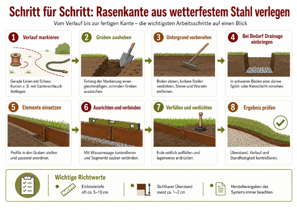 schritte rasenkante aus wetterfestem stahl verlegen