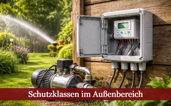 Stromverteiler im Garten, Gartenpumppe. Text: Schutzklassen im Außenbereich