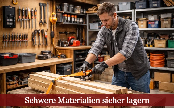 Mann sichert Holzbalken in Werkstatt