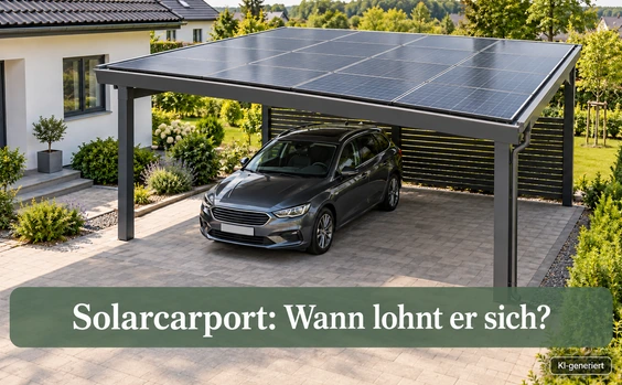 Solarcarport mit Photovoltaikdach und geparktem Auto neben einem Einfamilienhaus.