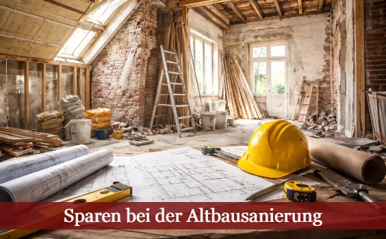 Baustelle Innenraum. Text: Sparen bei der Altbausanierung