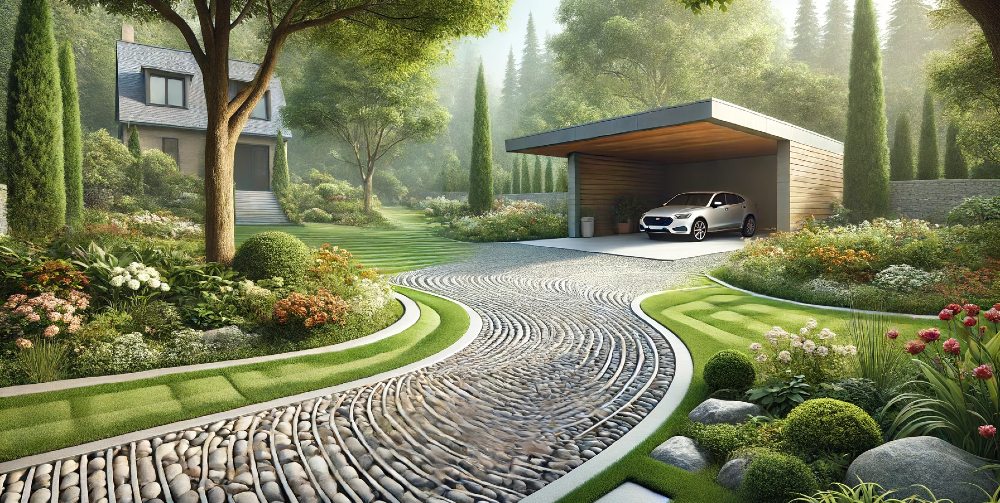 Carport mit Gartenweg