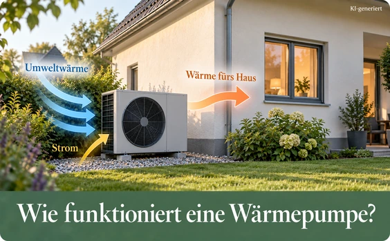Wärmepumpe neben Haus mit Erläuterungen. Text: Wie funktioniert eine Wärmepumpe?