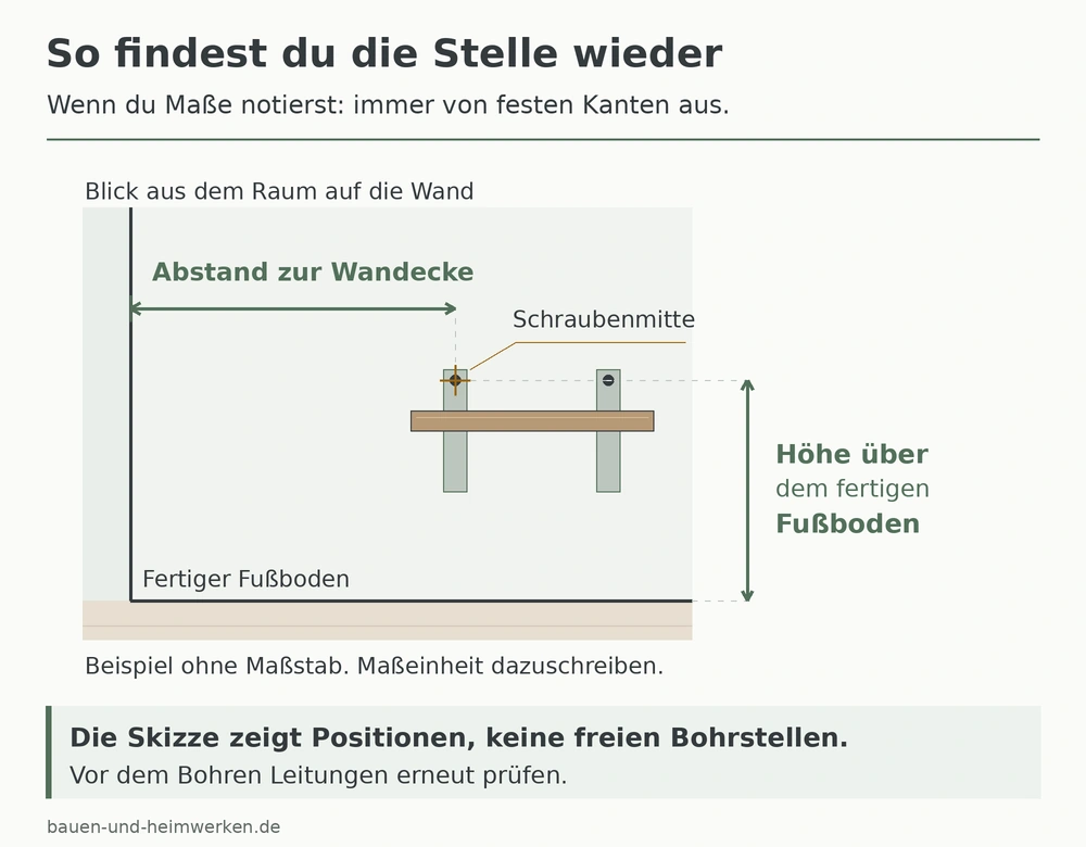 Wandansicht mit Regal: Der Befestigungspunkt wird durch den waagerechten Abstand zur Wandecke und die Höhe über dem fertigen Fußboden bestimmt.