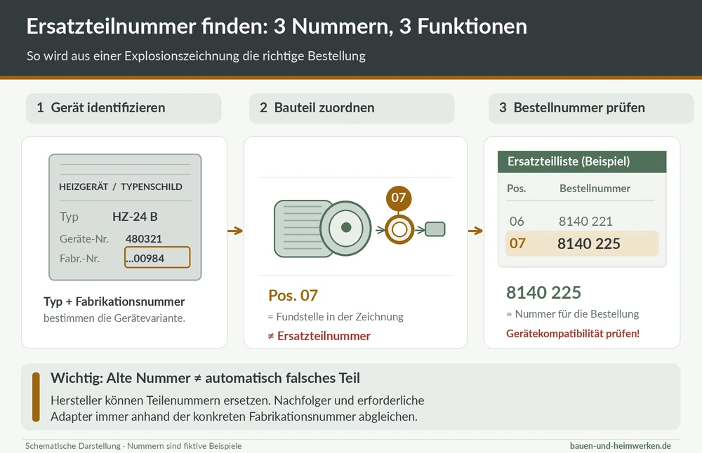 Typenschild einer Heizung, schematische Explosionszeichnung und Ersatzteilliste: Die Positionsnummer 07 führt zur eigentlichen Bestellnummer 8140 225.