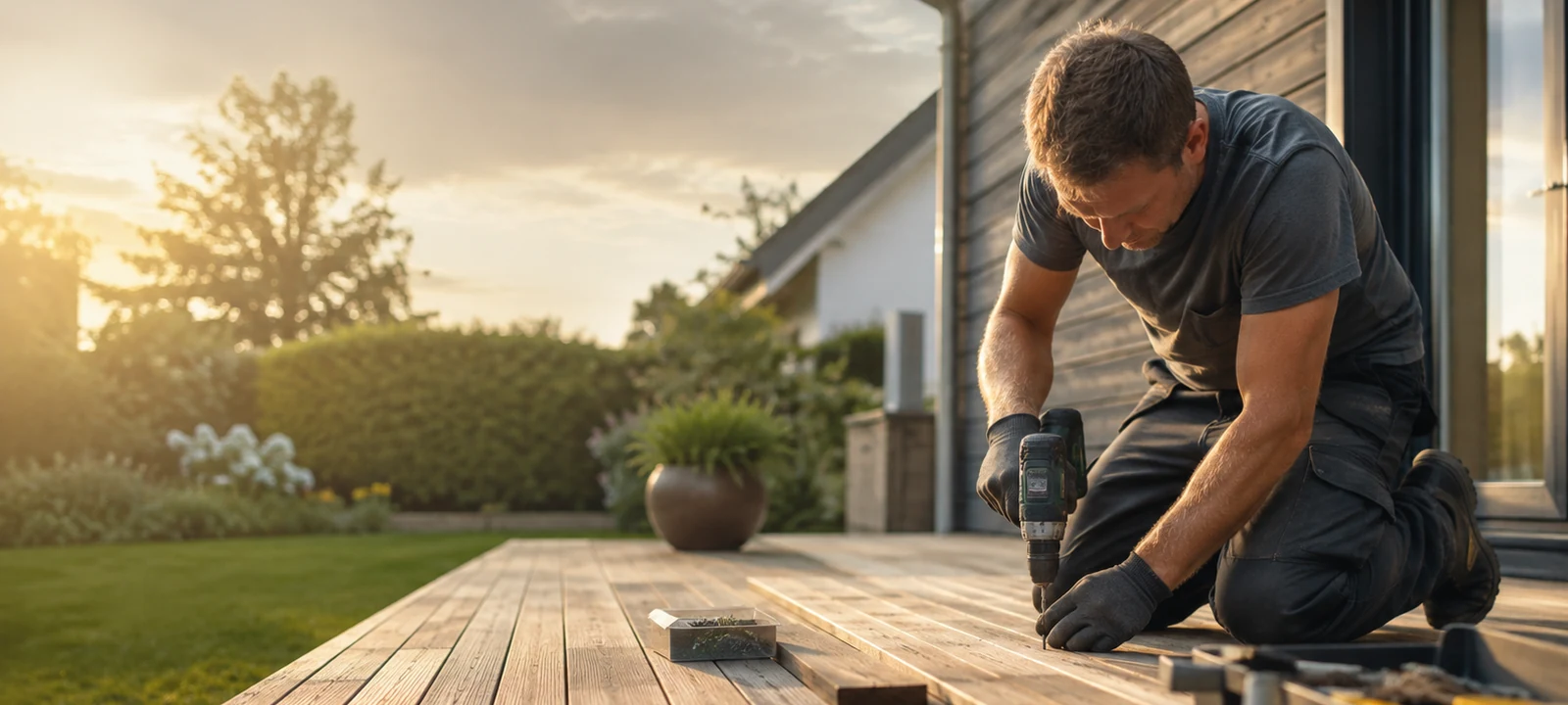 Heimwerker arbeitet an einer Holzterrasse im Garten